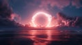 Large glowing ring of fire in the sky over water