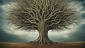 A large, gnarled tree dominates a barren landscape. Its complex network of thick