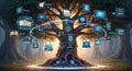 Digital tree of knowledge with glowing screens and computer icons Royalty Free Stock Photo