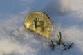 A Large Gold Bitcoin Token in snow Royalty Free Stock Photo