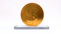 A large gold coin falls into a mobile phone smartphone. 3D render illustration.