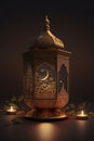 Large gold decorated lantern around small burning candles, dark background. Lantern as a symbol of Ramadan for Muslims