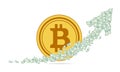 A large gold flat coin of the virtual digital crypto currency bitcoin and a large upward arrow consisting of many paper