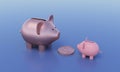 A large gold piggy bank stands opposite a small pink piggy bank, with a gold dollar coin between them. 3d rendering