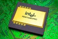 large, gold-plated ceramic processor. intel pentium pro on green PCB. gold recovery and recycling