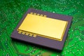 large, gold-plated ceramic processor. intel pentium pro on green PCB. gold recovery and recycling