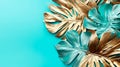 Large golden leaves of tropical plants on a light blue background, floral wallpaper, close-up. Generative Ai Royalty Free Stock Photo