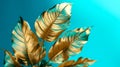 Large golden leaves of tropical plants on a light blue background, floral wallpaper, close-up. Generative Ai Royalty Free Stock Photo