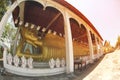 A large golden reclining Buddha image at Wat Somdet, A combination of Thai-Raman and Burmese art. Royalty Free Stock Photo
