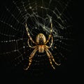 Large golden spider is perched atop a web, its legs extended outward as it patiently waits for prey to become ensnared.