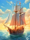 A large gorgeous sailboat against a mesmerising seascape. Hand-drawn illustration for children\'s book cover.