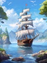 A large gorgeous sailboat against a mesmerising seascape. Hand-drawn illustration for children\'s book cover.