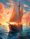 A large gorgeous sailboat against a mesmerising seascape. Hand-drawn illustration for children\'s book cover.