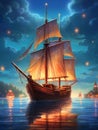 A large gorgeous sailboat against a mesmerising seascape. Hand-drawn illustration for children\'s book cover.