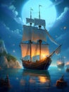 A large gorgeous sailboat against a mesmerising seascape. Hand-drawn illustration for children\'s book cover.