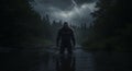 A large, gorilla-like creature stands in a shallow river at night. Lightning illuminates Royalty Free Stock Photo