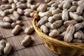 Large grains of peanuts in the shell and basket Royalty Free Stock Photo