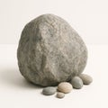 Large granite boulder with several small smooth river rocks at base on white surface natural stone texture concept for zen balance Royalty Free Stock Photo