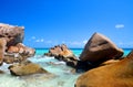 Large granite rocks in Anse Patates beach, La Digue Island, Indian ocean, Seychelles. Royalty Free Stock Photo