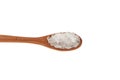 Large granules Citric acid salt. Lemon salt crystals in wooden spoon on white background, close-up. Side view. Design element, Royalty Free Stock Photo