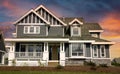 Custom Home Dwelling Residence Large Gray House Front View Exterior Porch Sunset Sky Royalty Free Stock Photo