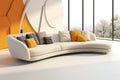 Large gray sofa with gray and orange cushions, styled with organic shapes and curved lines in stylish home interiors Royalty Free Stock Photo