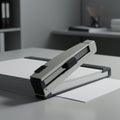 A large, gray stapler is positioned on top of a thick stack of white papers. The stapler Royalty Free Stock Photo