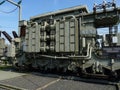 Large gray transformer in the Technikmuseum Elektrothek Osterath. Substation for the electrical energy supply in Germany. Gray