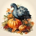 A large gray turkey stands near ripe pumpkins. thanksgiving day. Generated by AI