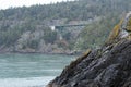 Large green arched bridge over seaside cliffs