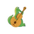 Large green crocodile playing on wooden guitar. Wild humanized alligator. Funny cartoon character. Vector icon Royalty Free Stock Photo