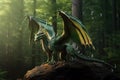 Large green dragon with raised wings stands on rock in the forest against the background of trees, mascot of the year according to