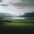 large green field with a lake and mountains in the background Royalty Free Stock Photo