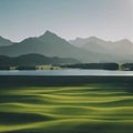 large green field with a lake and mountains in the background Royalty Free Stock Photo