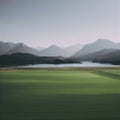 large green field with a lake and mountains in the background Royalty Free Stock Photo