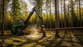 Large green forestry harvester cutting pine trees in sunlit dense forest with precision and efficiency Royalty Free Stock Photo