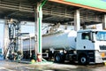 Large green industrial gas station for refueling vehicles, trucks and tanks with fuel, gasoline and diesel in the winter Royalty Free Stock Photo