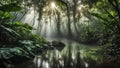 Large green leaves in spring tropical rainforest with river, plant growth and environmental protection concept, wet jungle,