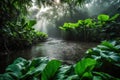 Large green leaves in tropical rainforest, plant growth and environmental protection concept, wet jungle with waterfall and river