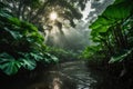 Large green leaves in tropical rainforest, plant growth and environmental protection concept, wet jungle with waterfall and river