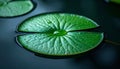 Closeup of green lotus leaf floating on water with dew drops and stem visible Royalty Free Stock Photo