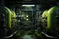 Large Green Machine Room Filled With Pipes, Industrial Facility for Processing and Distribution, Bioenergy power plant, Automated Royalty Free Stock Photo