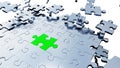 Large Green piece of puzzle inserted between several Silver Puzzle Pieces in chaos