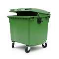 Large Green Wheeled Trash Bin with Open Lid on White Background garbage can waste bin Royalty Free Stock Photo