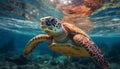 A large green sea turtle swimming underwater in a tropical reef generated by AI Royalty Free Stock Photo