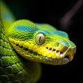 a large green snake's head with a long beak