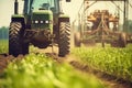 large green tractor and a green combiner working in a field. farm industry. Generative AI Royalty Free Stock Photo
