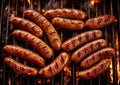 Large grill with many hot and spicy beef and pork sausages.Top view.AI Generative