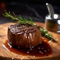 Large grilled Filet Mignon steak with butter and rosemary served on a wooden board. Grilled meat dish, close up of a fillet mignon Royalty Free Stock Photo