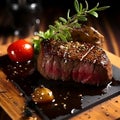 Large grilled Filet Mignon steak with butter and rosemary served on a wooden board. Grilled meat dish, close up of a fillet mignon Royalty Free Stock Photo